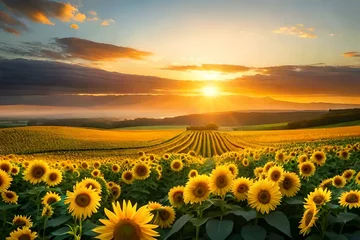 Wandcirkels plexiglas sunflower field at sunset © qaiser