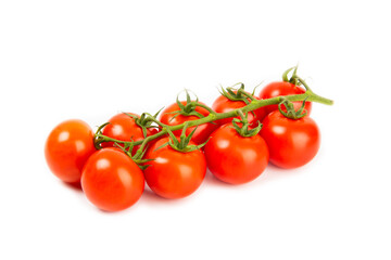 Sprig of cherry tomatoes isolated on white background. Red fresh tomatoes. Fresh vegetables. Vegan. Close-up. Healthy food. Salad Ingredients.
