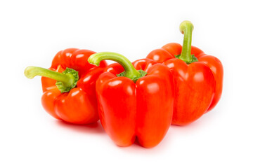 Red pepper isolated on white background. Red sweet, Bulgarian, lettuce pepper. Fresh vegetables. Vegan. Close-up. Healthy food.