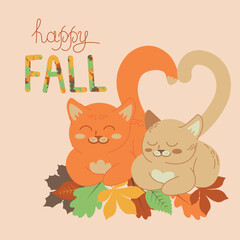 Cute cats with autumn leaves. Lettering Happy Fall. Cute sleeping cats on a background of autumn leaves. Decorative postcard in cartoon flat style. Warm seasonal colors. Vector illustration.