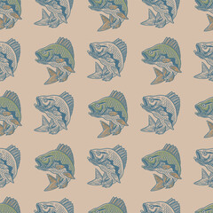 large mouth bass fish hand drawn seamless pattern in vintage style
