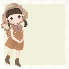 Sticker note, little girl with brown straw hat in Brown color theme.
