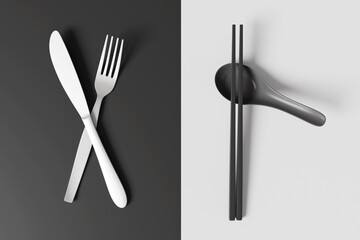 Chopsticks and spoon versus knife and fork in black and white. Illustration of the contrast between eastern and western choice of cutlery