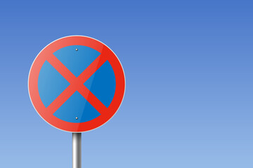 Vector Blue and Red Round Prohibition Sign Icon - Parking Prohibited, Stopping Prohibited Sign Frame Closeup on a Blue Sky Background. Traffic Road Plate, Sign Design Template, Front View