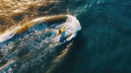 Fototapeta premium The view from Drone above A surfer is surfing on a surfboard