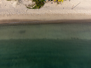 Aerial drone panorama of the white beaches of Antigua island in the Caribbean sea