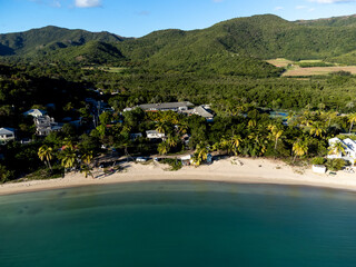 Aerial drone panorama of the white beaches of Antigua island in the Caribbean sea