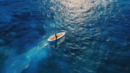 The view from Drone above A surfer is surfing on a surfboard - obrazy, fototapety, plakaty