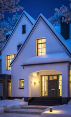 3d rendering of cute cozy white and black modern Tudor style house with parking  and pool for sale or rent with beautiful landscaping. Fairy roofs. Cool winter night with stars in sky.