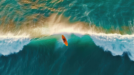 The view from Drone above A surfer is surfing on a surfboard - obrazy, fototapety, plakaty