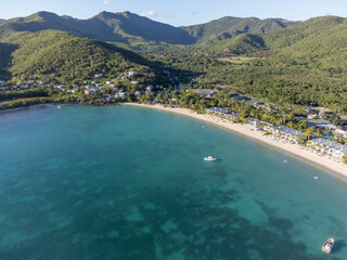 Aerial drone panorama of the white beaches of Antigua island in the Caribbean sea