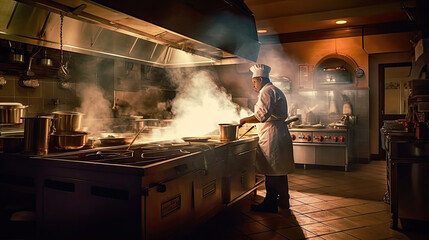Chef cooking in busy restaurant kitchen
