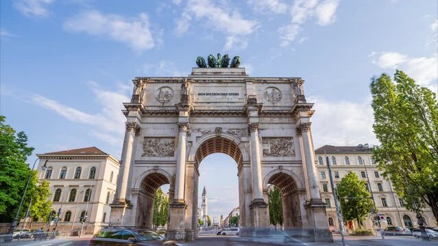Timelapse video of the Siegestor (Victory Gate) in Munich on a beautiful summer day. This Munich landmark is located near the University.