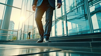 Close-up of businessman's feet walking in office upstairs