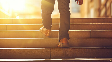 Close-up of businessman's feet walking in office upstairs