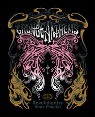 a soft rock look with a captivating t shirt print design, featuring hand drawn graphic elements fused with art nouveau inspiration, grunge undertones, and a striking slogan and wording