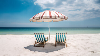 Beach chairs and an umbrella on a white sand beach