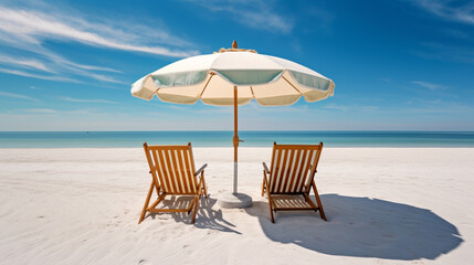 Beach chairs and an umbrella on a white sand beach