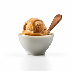 Fototapeta na wymiar Caramel brown color ice cream scoop in a white bowl with spoon, isolated on white background, generative AI