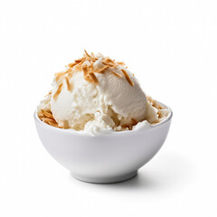 Bright coconut vanilla ice cream scoop in a white cup isolated on white background, generative AI
