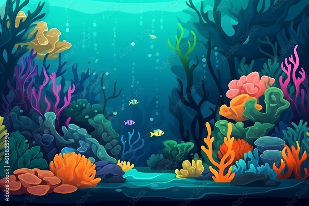 Wall mural Coral reef and seaweed marine seascape. Deep blue ocean undersea flora. Cartoon style digital illustration