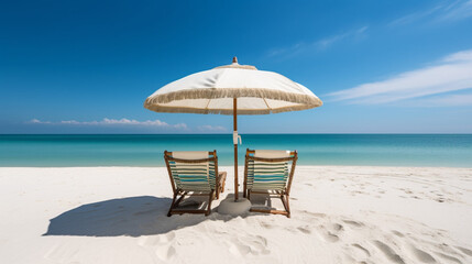 Beach chairs and an umbrella on a white sand beach