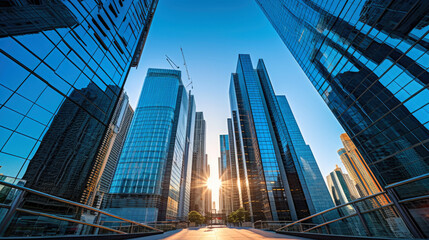 Fototapeta na wymiar Modern sleek skyscrapers cityscape with vibrant lighting and reflections. Generative AI