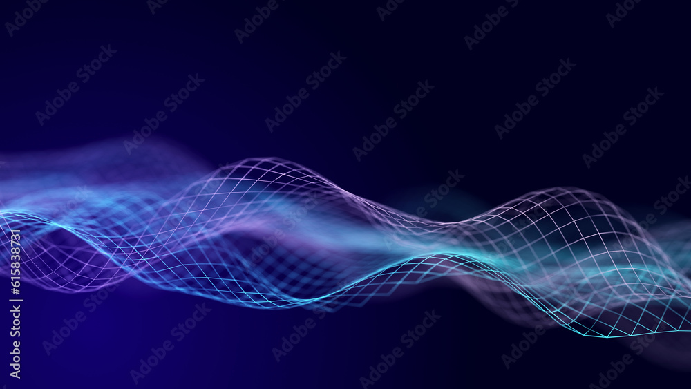 Poster abstract background grid. data stream. futuristic blue particle wave. 3d rendering.
