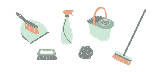 Cleaning tools, cleaning equipment for indoors cleaning, household tools. Housekeeping tools.