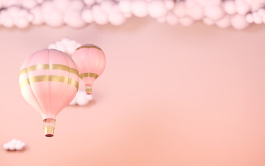 3d illustration balloons in the sky. Beige, pink and white color background. Beautiful, gentle background. Banner with place for text
