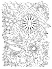 Fototapeta premium Vector doodle flowers in black and white. Coloring pages for adult. Flowers in black and white for coloring book.
