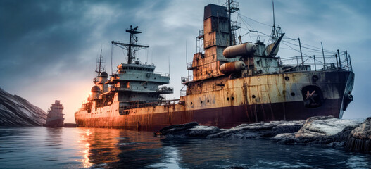 Fototapeta premium Damaged Scrapped Unusable Ship Abandoned and Disposed of Wrak Generative AI Digital Art Illustration Wallpaper Journal KI