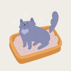 Vector illustration of cat pooping in litter box. Cute and funny kitty drawing.