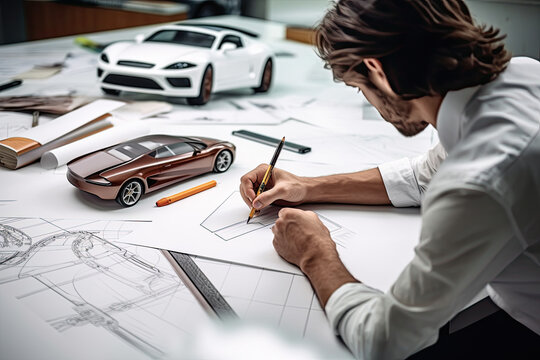 a man sitting at a table working on a car design sketch with a pen and pencil in front of him
