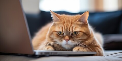 Dissatisfied cat from lack of attention lay down on the ultrabook and prevents the owner from working with a laptop, concept of Pet distraction, created with Generative AI technology
