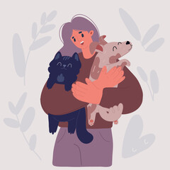Vector illustration of woman Enjoying animals and pets concept. Young smiling couple woman and man standing and holding cat and small dog on hands feeling love