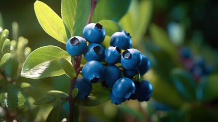 Close-up of ripe blueberries on a branch. Generative AI. 