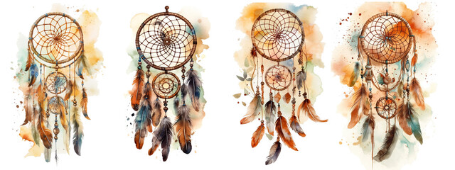 Watercolor dream catchers with flowers and feathers. Generative AI - obrazy, fototapety, plakaty