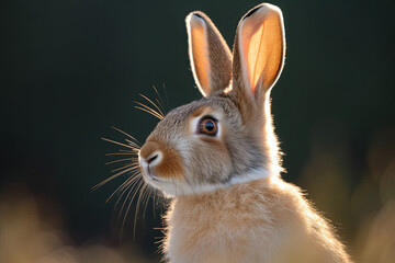 Obraz premium a rabbit's face with the sun shining through its ears, looking up to the sky and into the distance