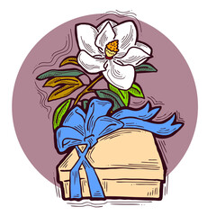 Present box with ribbon bow decorated with flowers for birthday gift, sale promotion, valentines or mothers day card, poster print. Hand drawn cartoon style illustration. Line drawing.