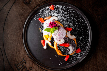 pancakes with blueberry jam and ice cream