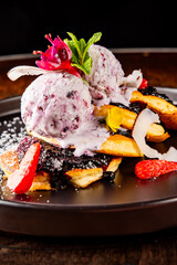 pancakes with blueberry jam and ice cream