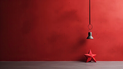 ai generated illustration christmas ornament star and bell agaist red wall with copy space