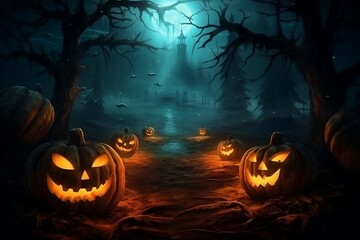Mystical and magical Halloween backdrop with pumpkins, Jack-o-Lantern, festive template. Night Halloween wallpaper or party background.  Generative AI. 