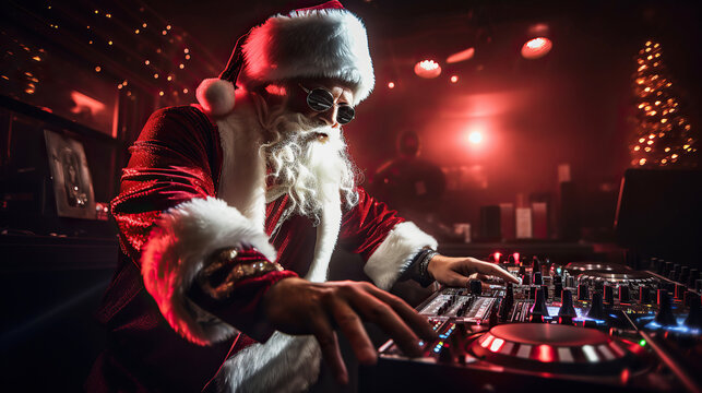 ai generated illustration Santa Claus as a crazy synthwave DJ.
