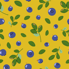 Bilberry vector seamless pattern. Northern blue forest berries and leaves. Hand drawn cartoon summer fruits on yellow background. Healthy food with vitamin C for packaging, decoration, fabrics print
