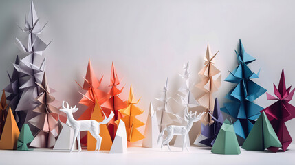 ai generated illustration origami christmas tree  and colofful reindeer