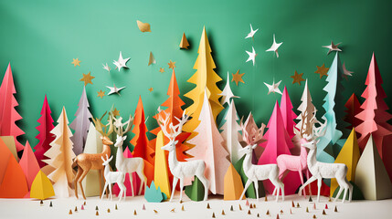 ai generated illustration origami christmas tree  and colofful reindeer