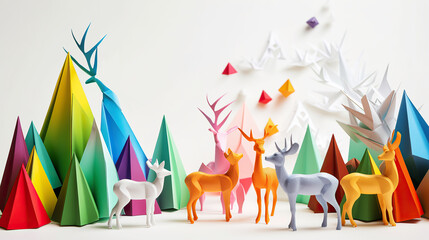 ai generated illustration origami christmas tree  and colofful reindeer