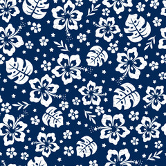 Bright tropical flowers and monstera leaves. Seamless pattern with hibiscus flowers. © barberry